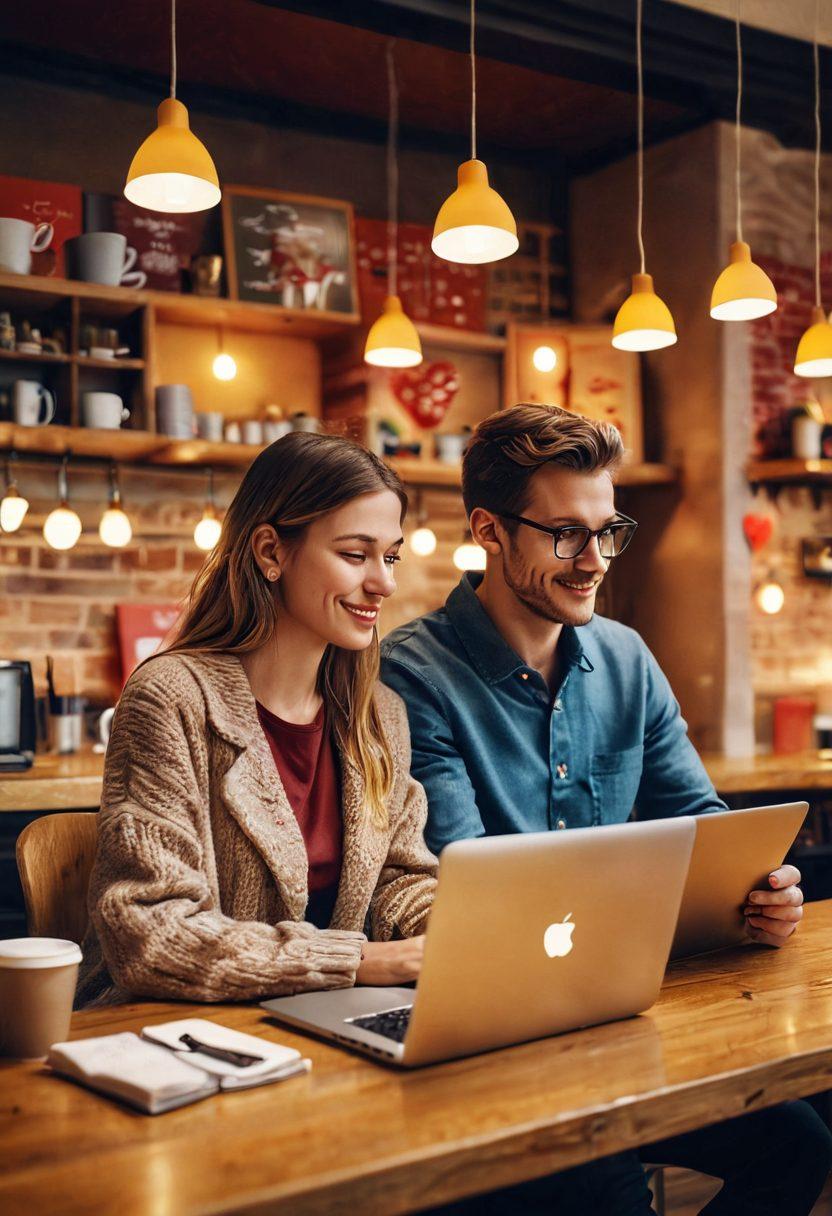 A couple sitting together in a cozy cafe, sharing their laptops, with online shopping and heart icons floating around them. The atmosphere is warm and inviting, showcasing a digital connection through e-commerce. Include details like coffee cups and a colorful cityscape in the background. super-realistic. warm tones. vibrant colors.